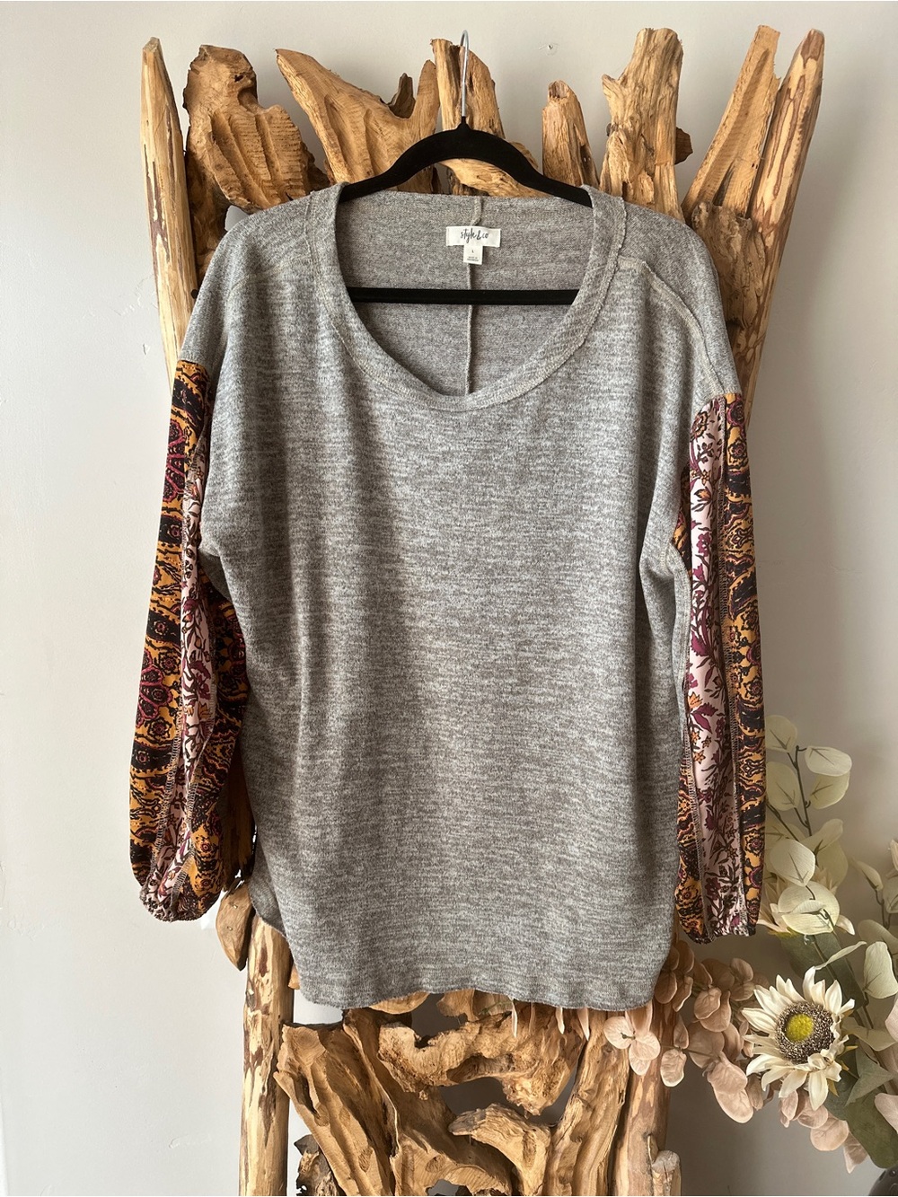 Style & Co. Gray Pullover with Printed Boho Balloon Sleeves